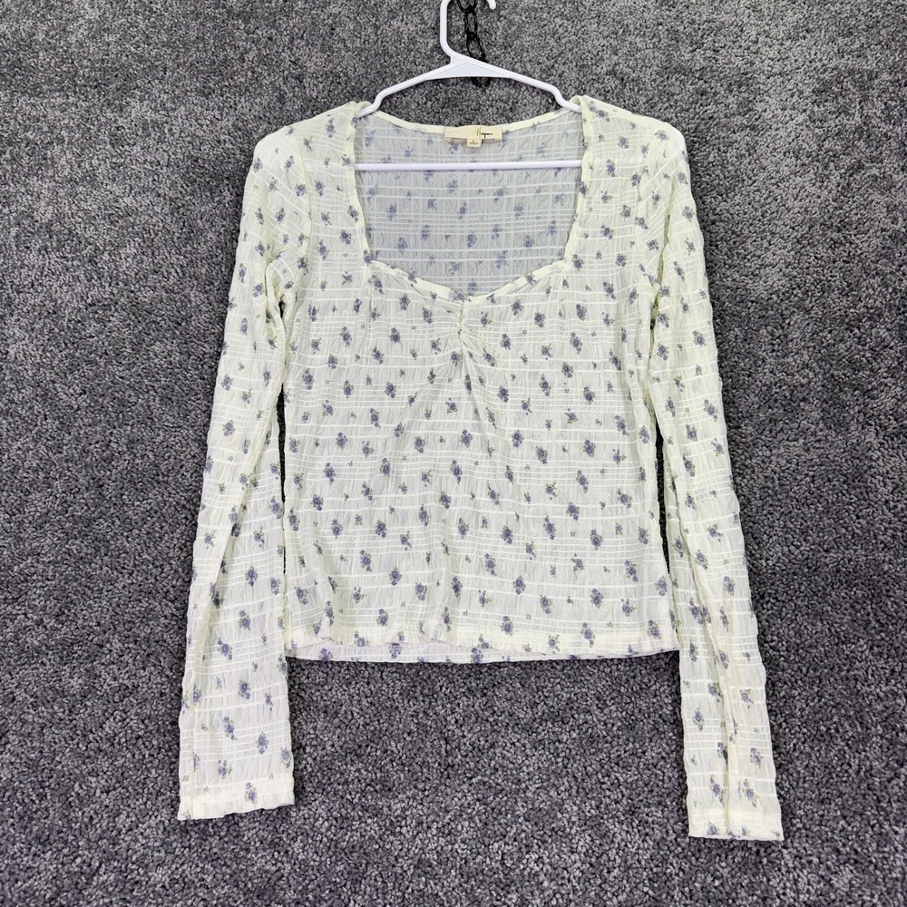 Hesperus Shirt Womens Large White Floral Long Sleeve Sheer V Neck Ruffle